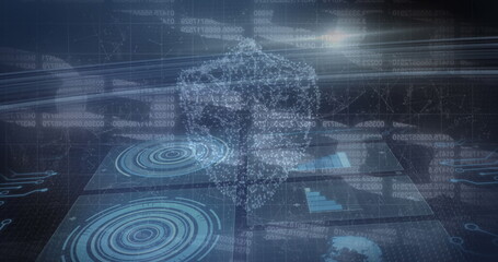 Poster - Image of online security padlock over screens of scopes scanning and data processing