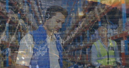 Poster - Image of data processing over two men working in warehouse shipping centre
