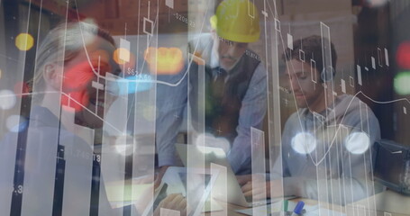 Poster - Image of data processing over woman and men using tablet working in warehouse shipping centre