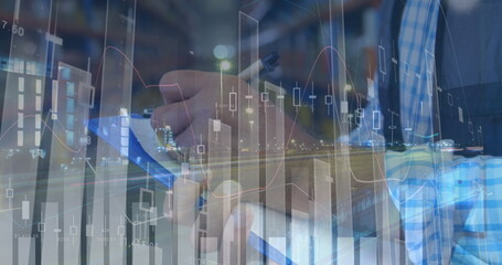 Poster - Image of data processing and traffic over man writing, working in warehouse shipping centre