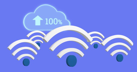 Poster - Image of wifi icons and digital clouds with arrow and percent growing on purple background