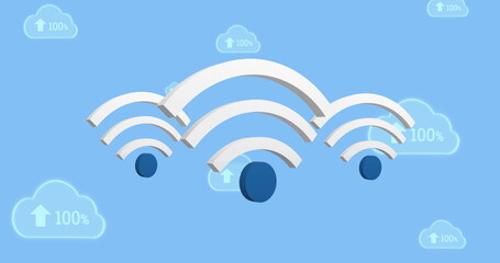 Poster - image of wifi icons and digital clouds with arrow and percent growing on blue background