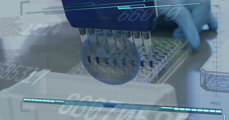 Poster - Image of red blood cell and numbers recording over laboratory