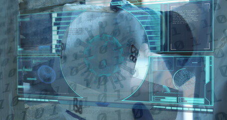 Aufkleber - Image of covid 19 cell, medical data processing and scope scanning over scientist in laboratory