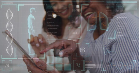 Poster - Image of medical data processing on digital screens over two women smiling and using tablet