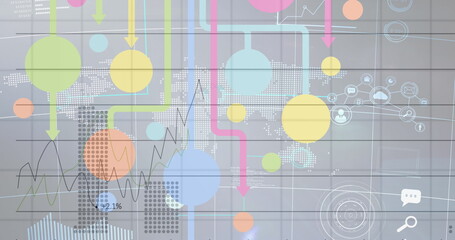 Poster - image of network of connections, digital icons over world map on grey background