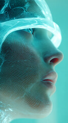 Leinwandbilder - Close-up of a face covered by a cyan grid, creating an abstract, technological look.  Symbolizes digital identity, artificial intelligence or virtual reality.  Suitable for tech concepts.