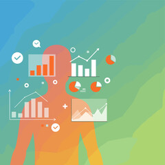 Poster - Data Analysis Visualization: An illustrative representation of human figures integrating charts, graphs, and data analysis elements on a fluid, gradient background.