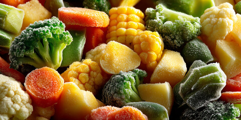 Fototapete - Close-up of frozen vegetable mix: broccoli, carrot, corn, potato, cauliflower pieces glistening with ice crystals, showcasing freshness and healthy eating concept