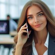 © EpiCom - A confident young woman in a professional setting, smiling and talking on her smartphone. Ideal for business, communication, or corporate themes.