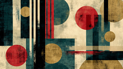 Poster - Abstract art with geometric shapes in red, teal, beige, and black on a textured background, showcasing a modern and minimalist design, ideal for decoration or branding