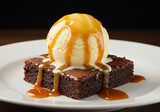 Brownie de chocolate quente com bola de sorvete de baunilha e calda de caramelo.