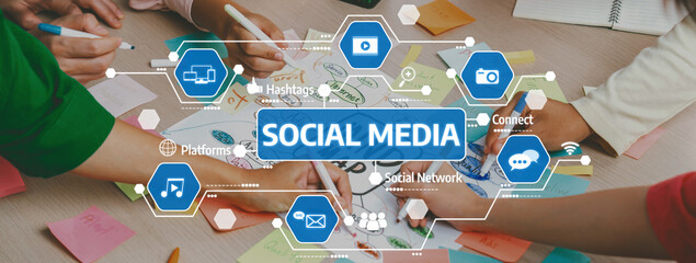 Poster - a dynamic workspace filled with hands engaged in a collaborative session focused on social media str