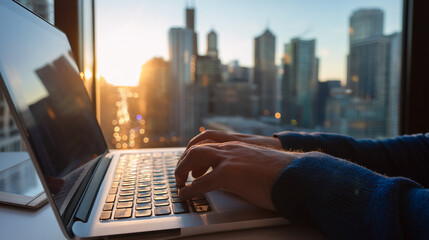 Poster - Laptop keyboard being used, cityscape backdrop at sunset, showcasing remote work, freelance, or business concept