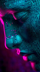 Poster - Close-up of a face formed by circuit board, teal and pink hues, showcasing technological advancement and artificial intelligence concept