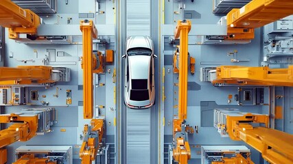 Poster - White Car on Automated Assembly Line with Orange Robotic Arms