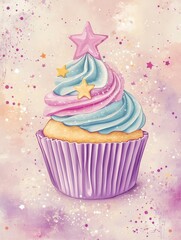 Aufkleber - Delightful pastel cupcake adorned with stars on soft paper texture for a whimsical dessert experience