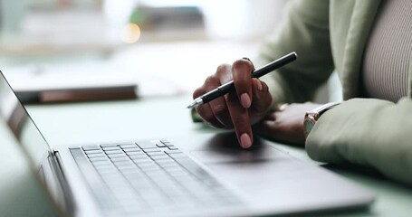 Poster - Hands, scroll and laptop in office for planning, strategy or agenda schedule with pen on desk. Business woman, technology and online for internet research, idea and workplace project management