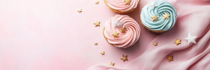 Aufkleber - Delightful pastel cupcakes adorned with stars on soft paper texture, perfect for celebrations and sweet treats anytime