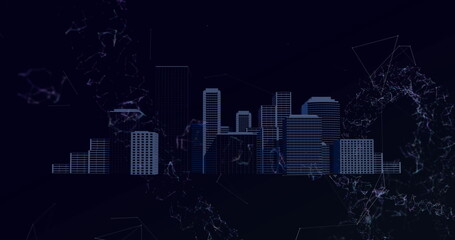 Poster - Image of networks of connections, dna structure and cityscape on blue background