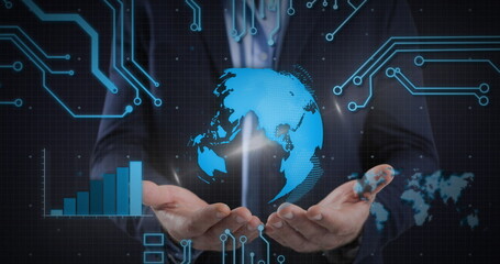 Poster - Image of processor circuit board with globe spinning over businessman's hands