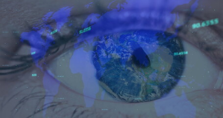 Poster - Image of numbers changing with world map over woman's eye in background