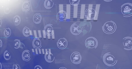 Poster - image of network of icons and data processing on purple background