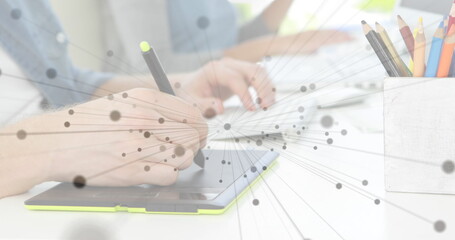 Poster - Image of network of connections over person using graphic tablet and computer