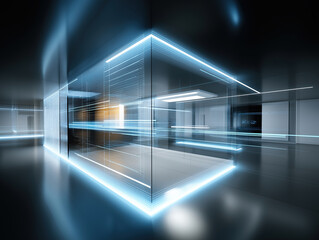 Poster - Modern interior design featuring glowing lines in a futuristic space environment