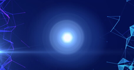 Poster - Image of networks of connections spinning over glowing spot of light on blue background