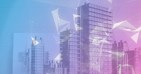 Poster - image of network of connections over cityscape on pink to blue background