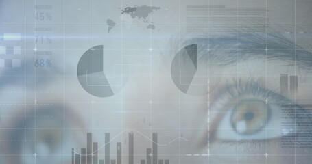 Poster - image of statistics and data processing over woman's eye in background