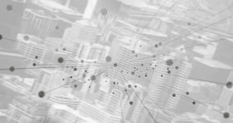 Poster - image of networks of connections with grey spot with cityscape in background