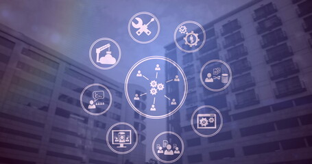 Poster - Image of network of digital icons over office blocks on purple tinted background