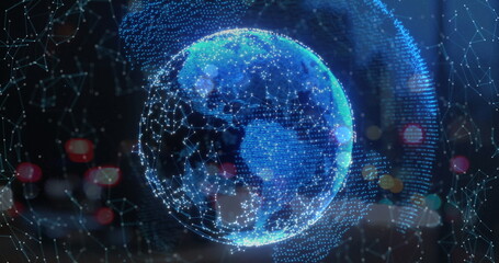 Poster - image of digital icons over glowing blue globe of connections in background