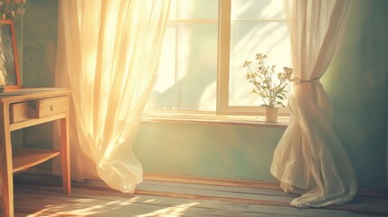 Aufkleber - Sunlight filters through delicate curtains in a pastel room filled with warmth and tranquility during a serene morning