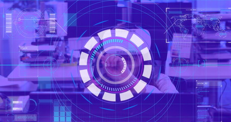 Poster - Image of scope scanning over woman wearing vr headset and moving her hands