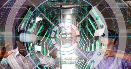 Poster - Data processing and scope scanner over two diverse men gesturing while wearing vr headset