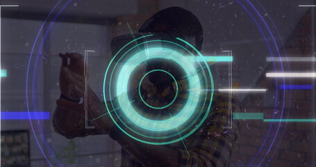 Poster - Light trails over neon scope scanner against african american man gesturing while wearing vr headset