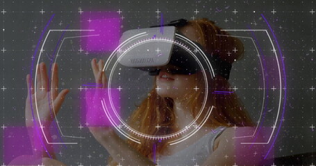 Poster - Scope scanning over grid network against caucasian woman wearing vr headset at home