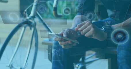 Poster - Image of scopes scanning and data processing on screens over man using smartphone