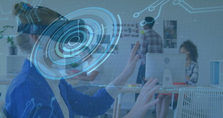 Poster - Image of scope scanning and processor elements over businesswoman wearing vr headset