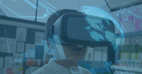 Poster - Image of globe spinning and processor elements over schoolboy wearing vr headset
