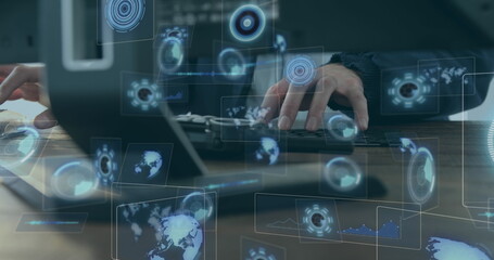 Poster - image of scopes scanning and data processing on screens over man using computer