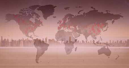 Poster - Image of world map with covid 19 pandemic locations over cityscape on pink background