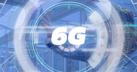 Poster - Image of 6g text, scope scanning over woman wearing vr headset and moving hand