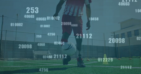 Poster - Multiple changing numbers against male soccer player juggling the ball on grass field