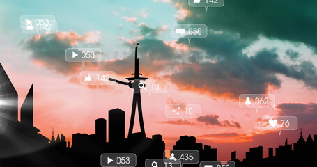 Poster - Image of social media icons and numbers on banners over airplane taking off and cityscape