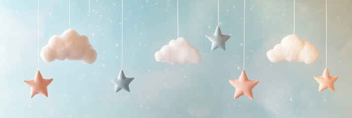 Poster - Delicate stars and clouds hang from invisible strings for soft nursery decor with a calming aesthetic