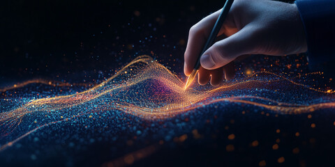 Poster - Hand draws glowing particle wave, blue, orange hues, dark background,  symbolizing creation, innovation, digital art
